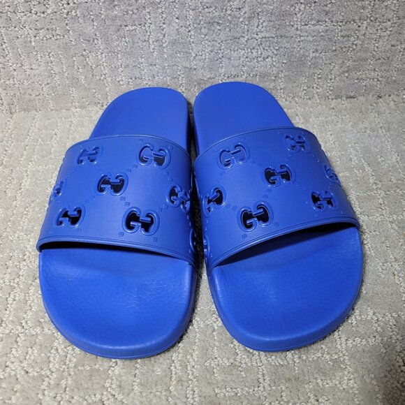 Gucci Pursuit Slide Men's Size US 10 Blue Rubber GG Perforated Sandals. - Picture 2 of 10